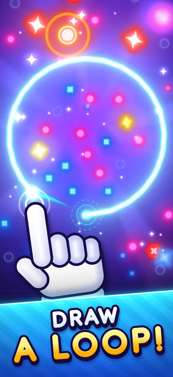 A glowing thread drawn by one finger, almost all the way round a group of orbs. Caption: Draw a loop!