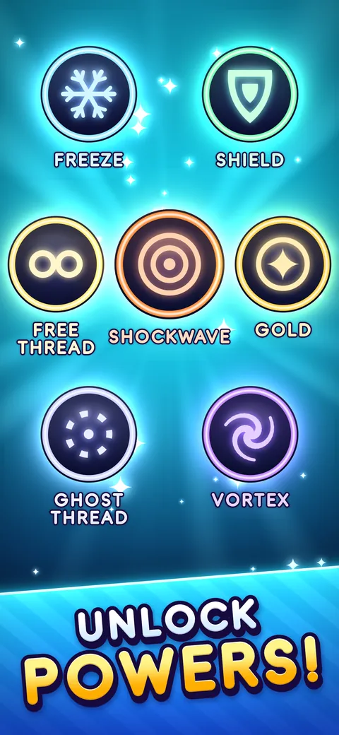 The seven powers: Freeze, Shield, Free Thread, Shockwave, Gold, Ghost Thread and Vortex. Caption: Unlock powers!