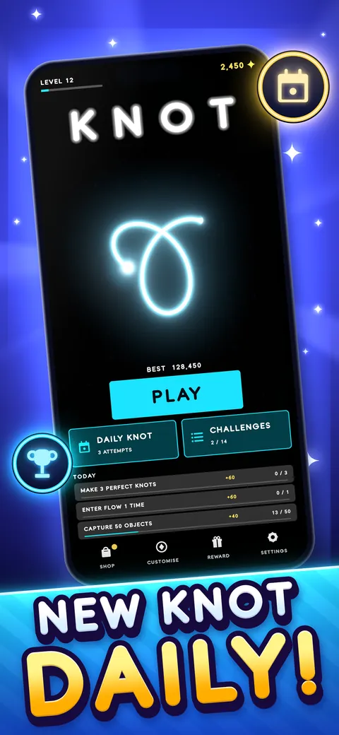 The main menu, with Play, the Daily Knot, Challenges and the missions of the day. Caption: New knot daily!