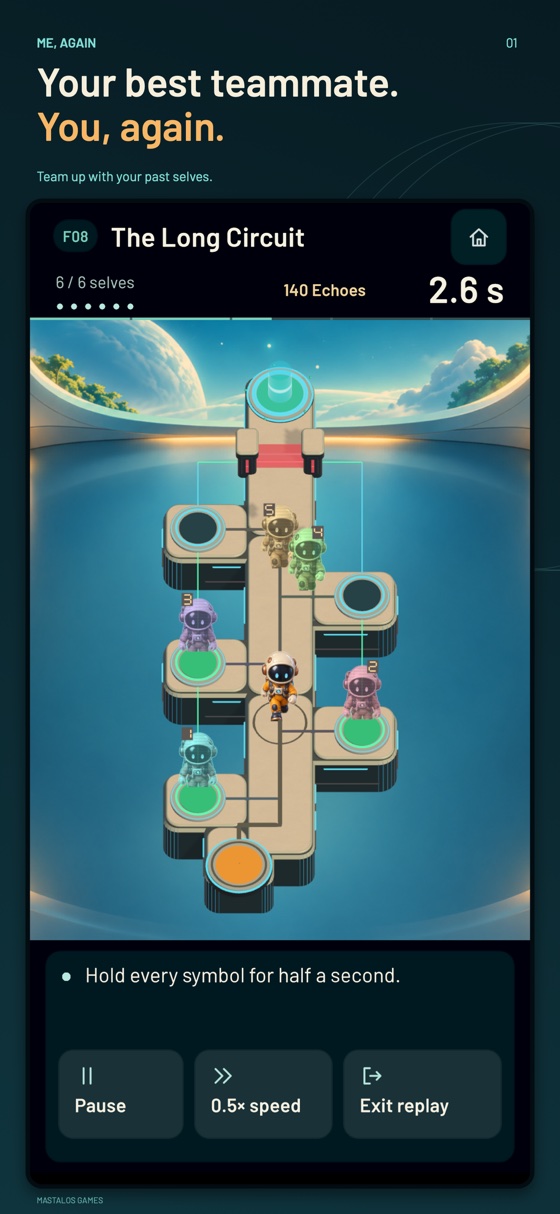 Six selves at once in the room The Long Circuit, each one holding a switch. Caption: Your best teammate. You, again.